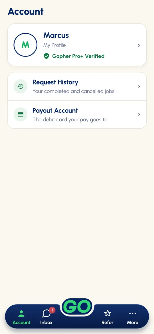 Account tab: profile card with Gopher Pro+ Verified, Request History and Payout Account