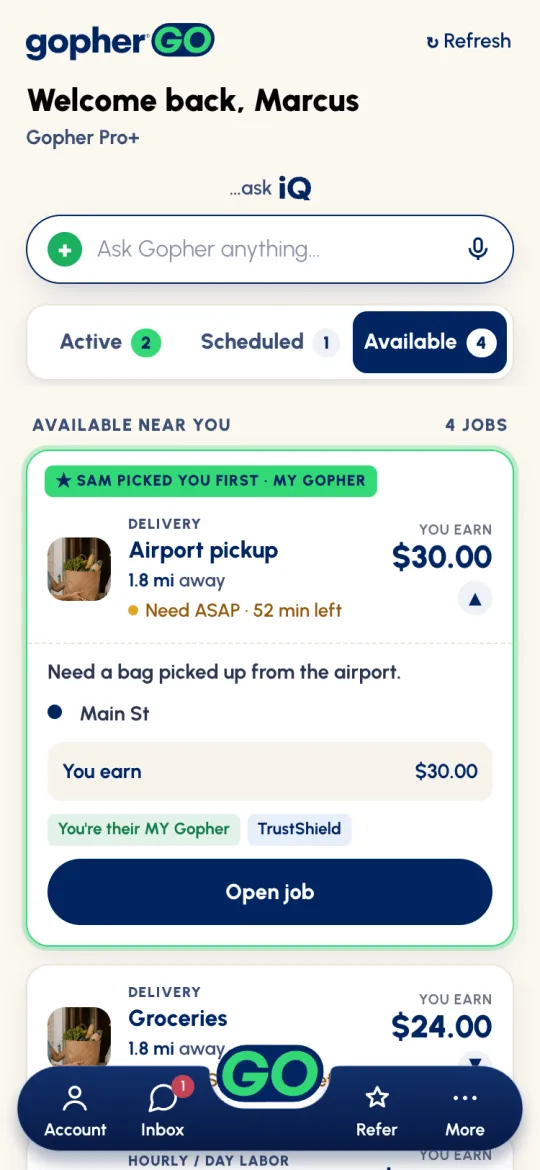 An Airport pickup card opened on Home: SAM PICKED YOU FIRST · MY GOPHER, Need a bag picked up from the airport, You earn $30.00, the You're their MY Gopher and TrustShield labels, and Open job