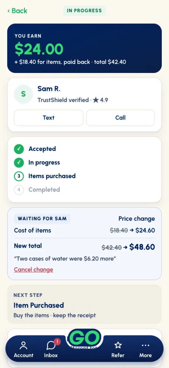 Job screen with a WAITING FOR SAM card: price change, cost of items $18.40 to $24.60, new total $42.40 to $48.60, the reason, and Cancel change