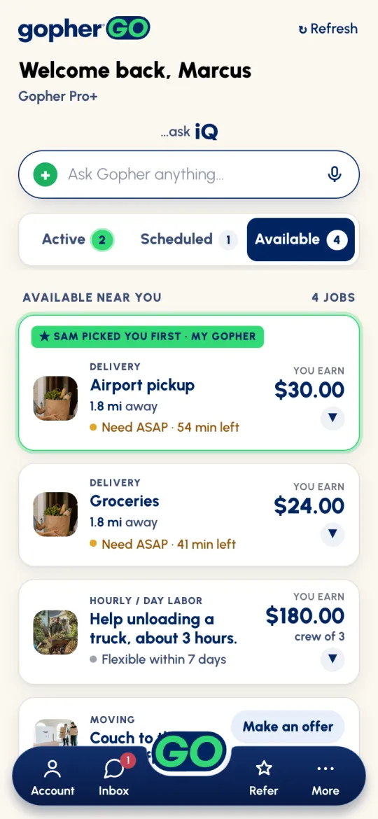 Gopher Go Home: Welcome back, Marcus, Gopher Pro+, the ask iQ bar, Active, Scheduled and Available tabs, and job cards under Available near you