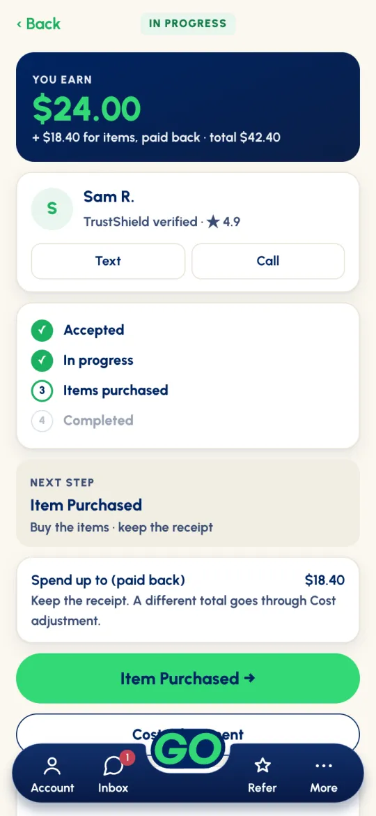 Job screen, IN PROGRESS: NEXT STEP Item Purchased, Buy the items, keep the receipt, Spend up to (paid back) $18.40, and the Item Purchased button