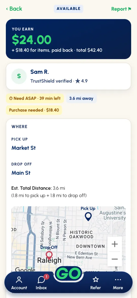 Request Details for a Groceries job: You earn $24.00 plus $18.40 for items, paid back, total $42.40, and the Purchase needed label