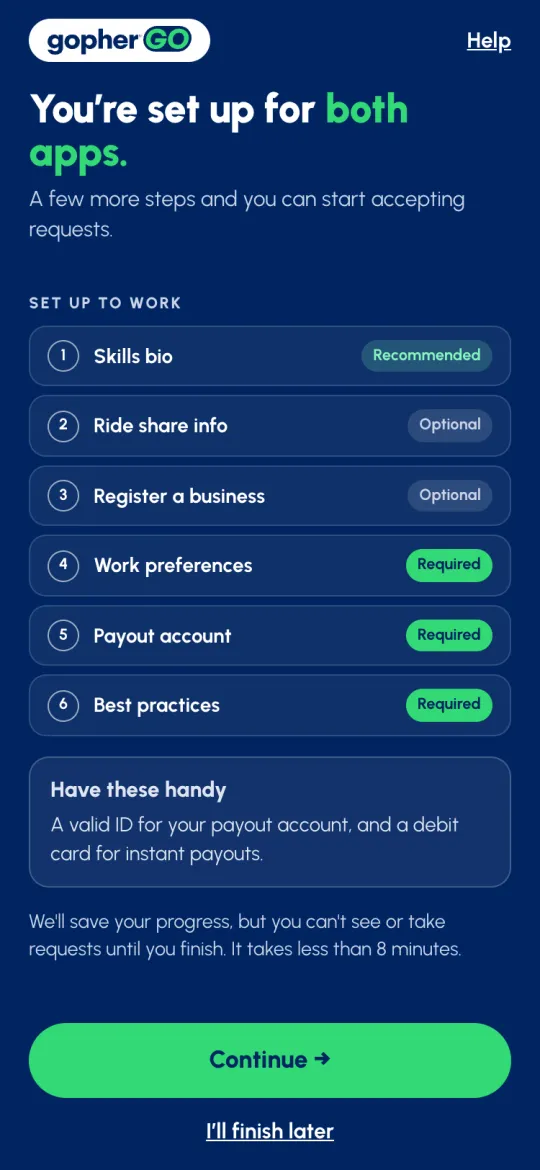You're set up for both apps: the six Set up to work steps with Recommended, Optional and Required tags, Have these handy, Continue and I'll finish later