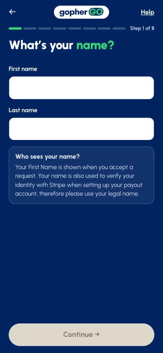 Sign-up Step 1 of 8: What's your name? with first and last name fields and a Who sees your name? note