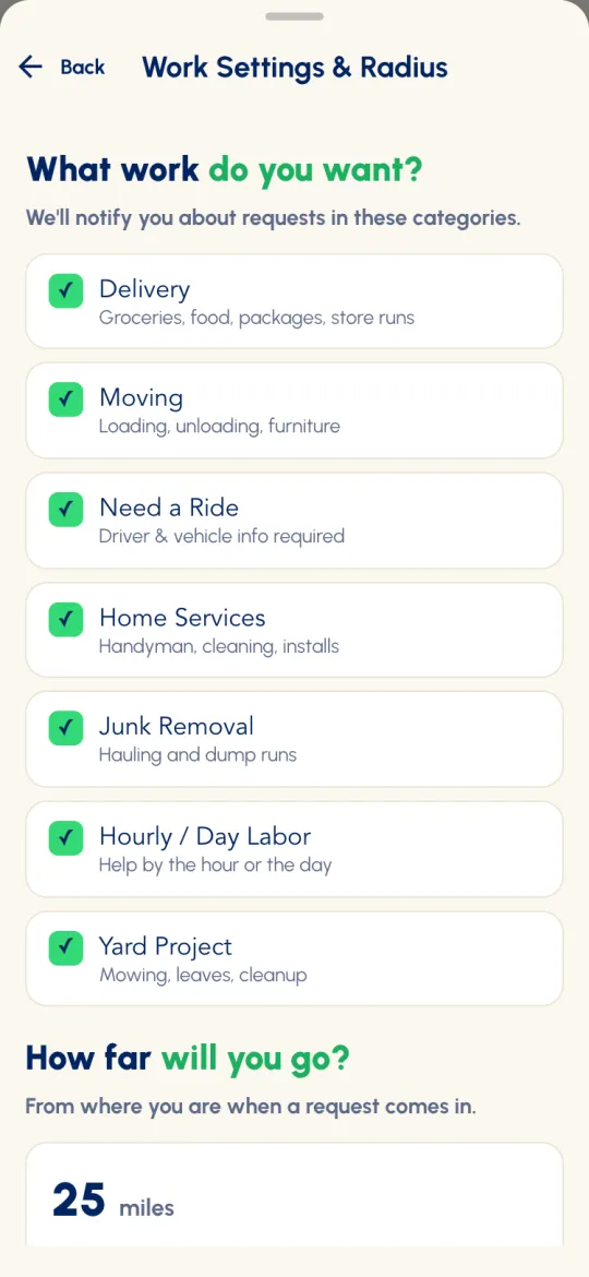 Work Settings & Radius: What work do you want? with eight work categories ticked