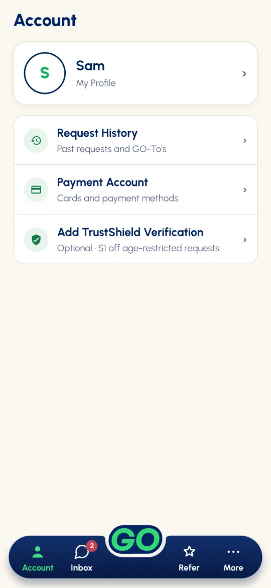 Account tab: profile card, Request History, Payment Account and Add TrustShield Verification