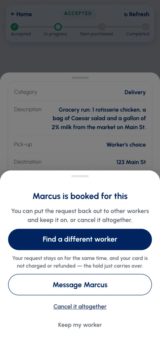 Marcus is booked for this: Find a different worker, Message Marcus, Cancel it altogether, Keep my worker