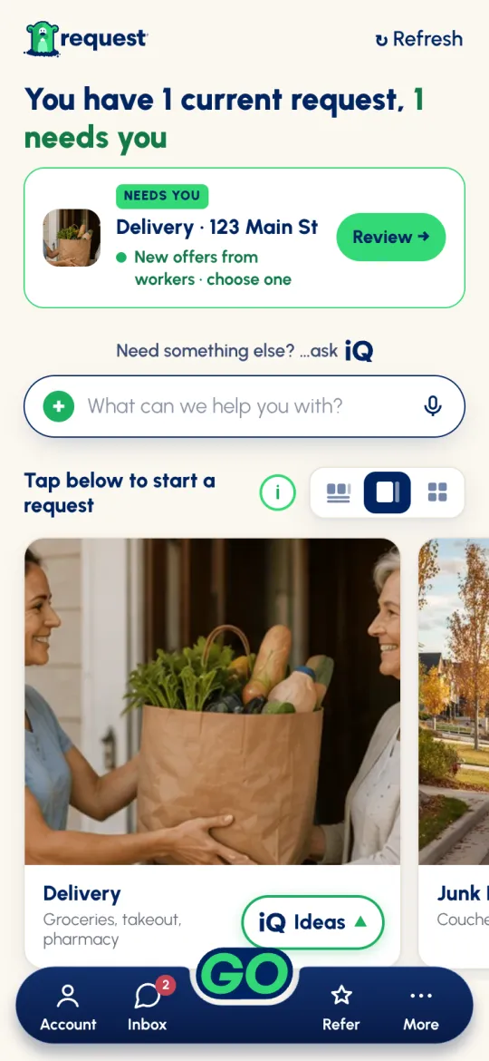 Home card labelled Needs you: New offers from workers, choose one, with a Review button