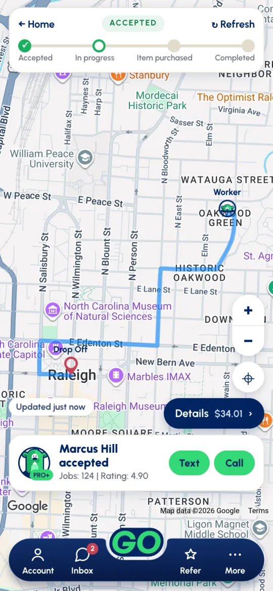 Live request map after acceptance: worker pin, route, Marcus Hill accepted with Text and Call buttons