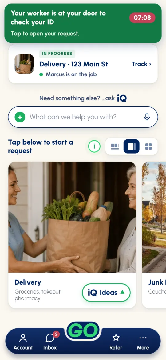 Green banner on Home: Your worker is at your door to check your ID, with a red countdown timer