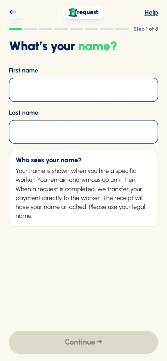 Sign-up Step 1 of 8: What's your name? with first and last name fields and the Who sees your name? note