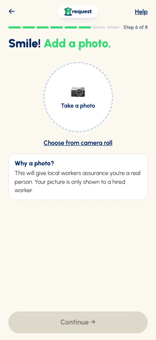 Sign-up Step 6 of 8: Smile! Add a photo, with Take a photo and Choose from camera roll