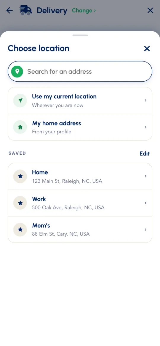 Choose location sheet with Search for an address, Use my current location, My home address and saved addresses Home, Work and Mom's