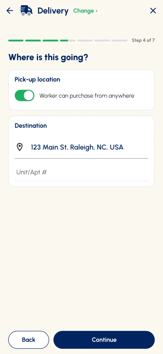 Step 4 of 7: Where is this going? with Worker can purchase from anywhere switched on and the destination filled in
