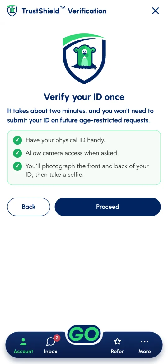 TrustShield Verification: Verify your ID once, with a checklist and Back and Proceed buttons