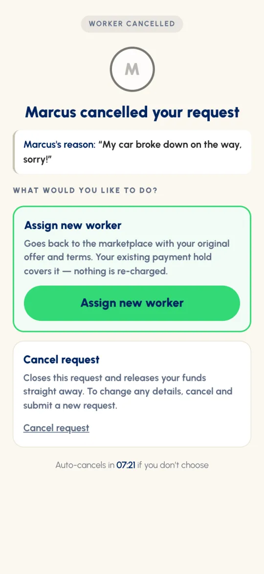Worker cancelled: Marcus cancelled your request, with the reason, Assign new worker, Cancel request and an auto-cancel countdown