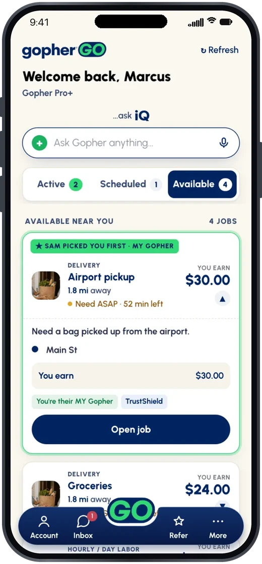 Gopher Go: jobs available near you with what you earn, one opened to show the details
