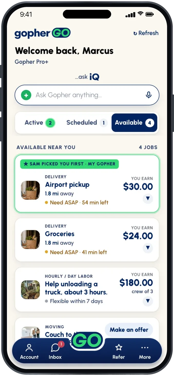 Gopher Go app — available requests