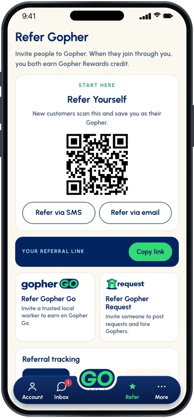 The Gopher Go app's Refer Yourself screen, with a scannable QR code, Refer via SMS and Refer via email