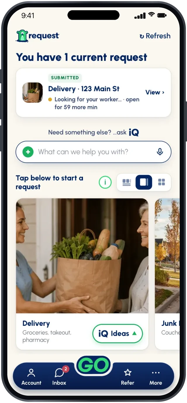 Gopher Request — Home screen with a current request
