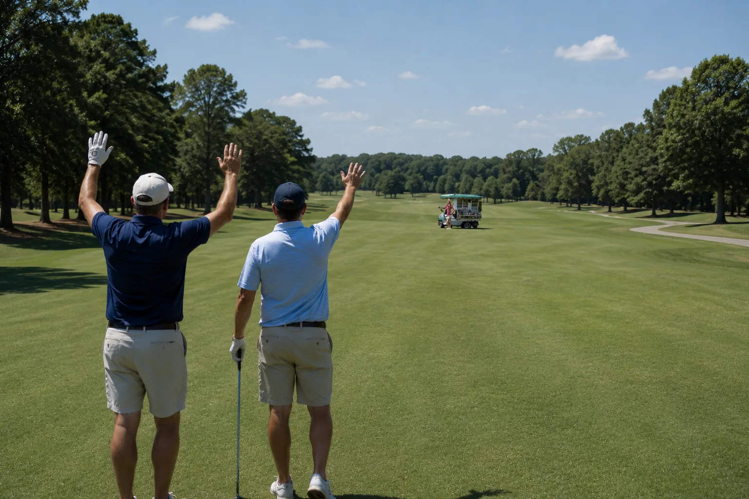 Two golfers waving down the distant beverage cart — the moment the idea for Gopher was born