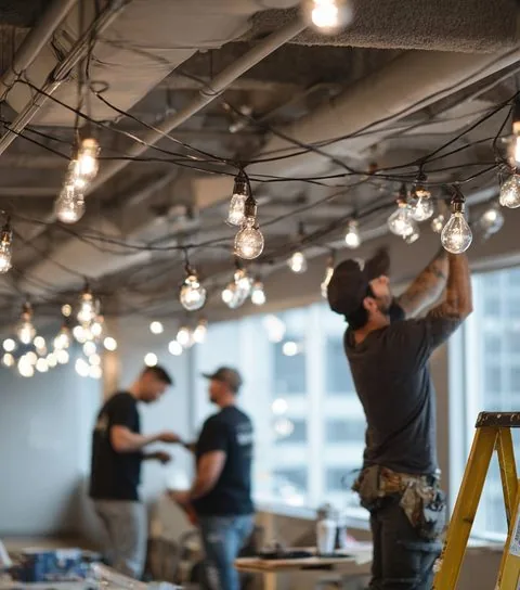 Crew installing fixtures and lighting on-site