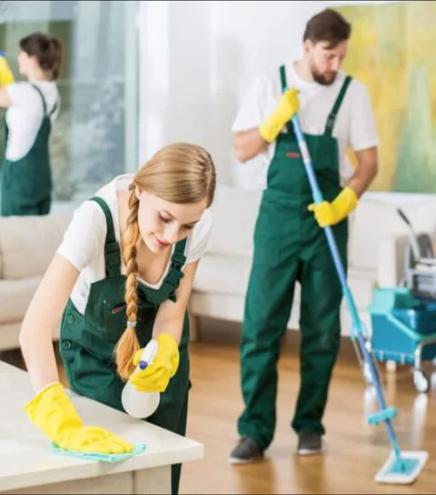 Cleaning crew wiping surfaces and mopping a living space