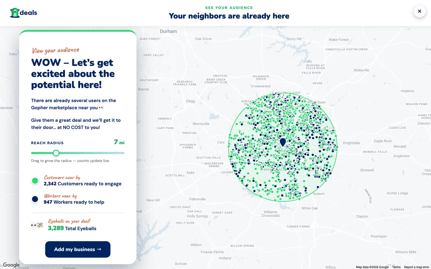 The View-your-audience map: customers and workers plotted around a business address, with live counts and a reach-radius slider