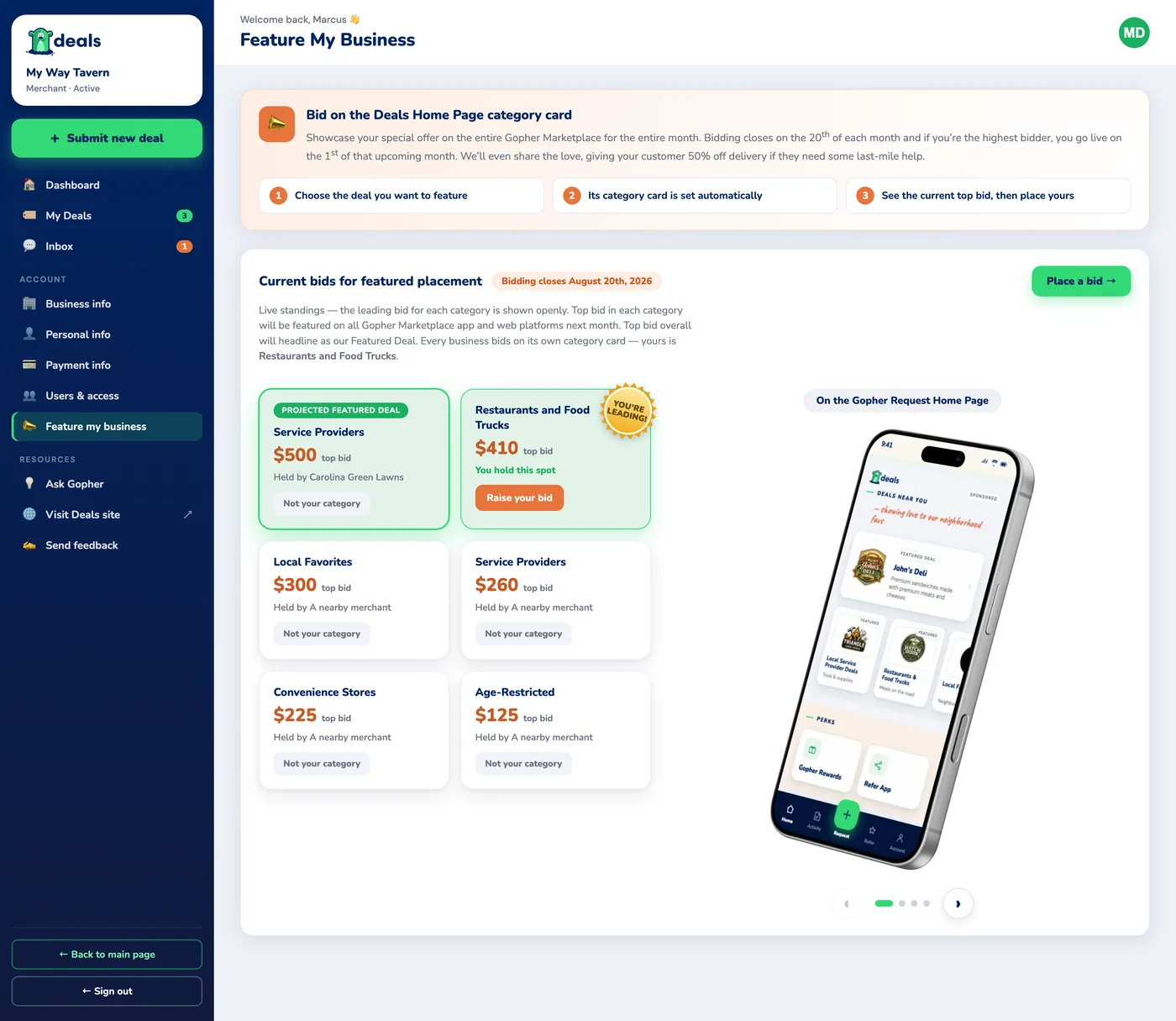 The Feature-my-business page: live bid standings per category, with the Projected Featured Deal badge and a You're-leading sticker