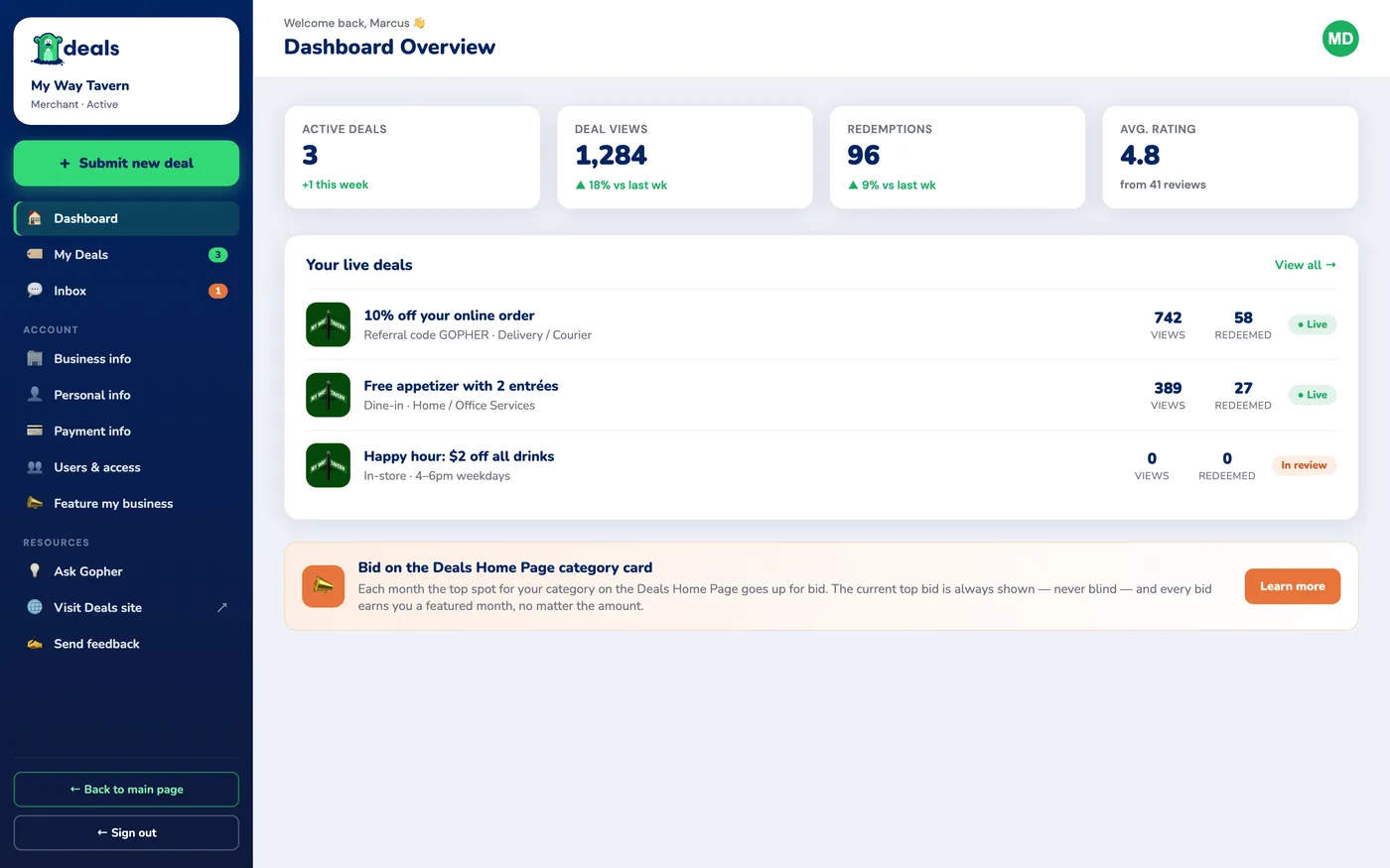 The merchant dashboard: active deals, deal views, redemptions and average rating up top, live deals listed below