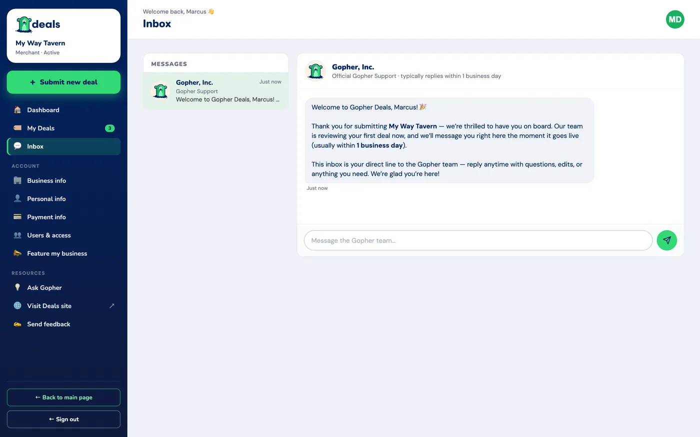 The portal Inbox: a single conversation with Gopher, Inc. official support, with the welcome message shown