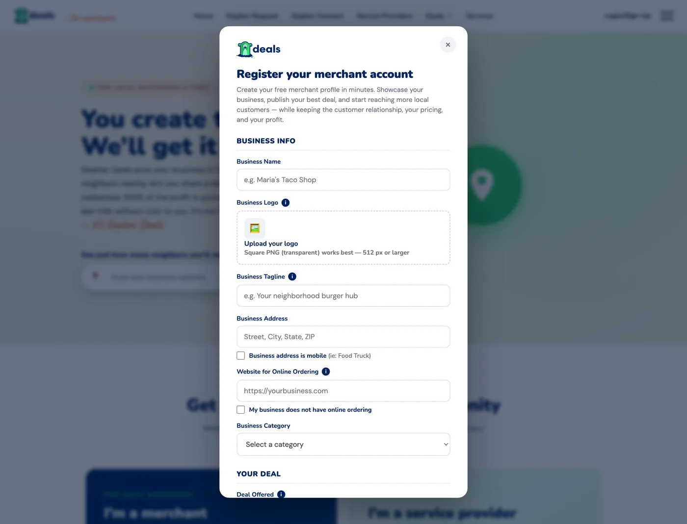 The Register-your-merchant-account form: business name, logo, tagline, address, online-ordering website, and category