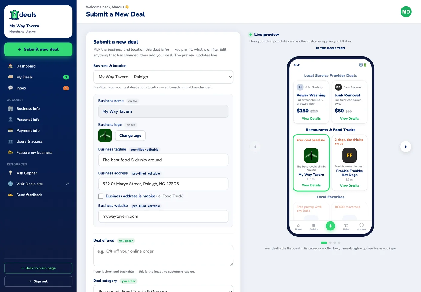 The Submit-a-new-deal form with pre-filled business details on the left and a live phone preview of the deals feed on the right