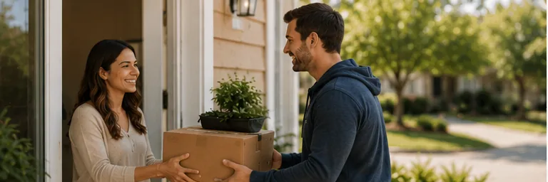 A Gopher hands a box to a neighbor on her porch at the end of the day.
