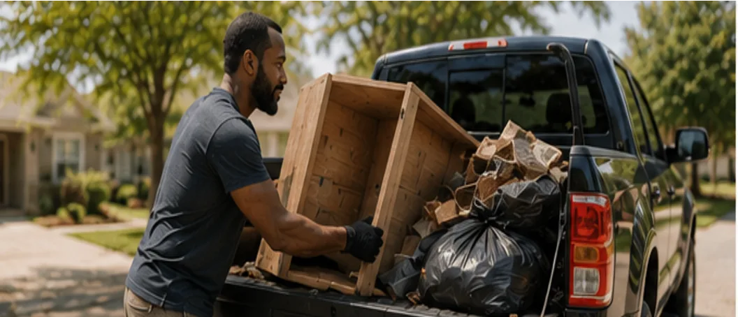 A Gopher loads a junk haul into the back of his pickup.