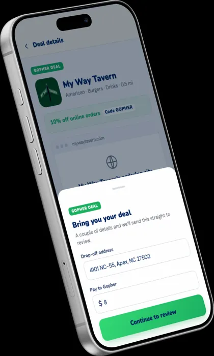 The Deals redeem screen on a phone: a merchant's offer with a Bring me my deal button.