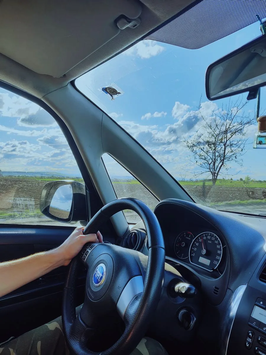 The open road ahead from inside a car