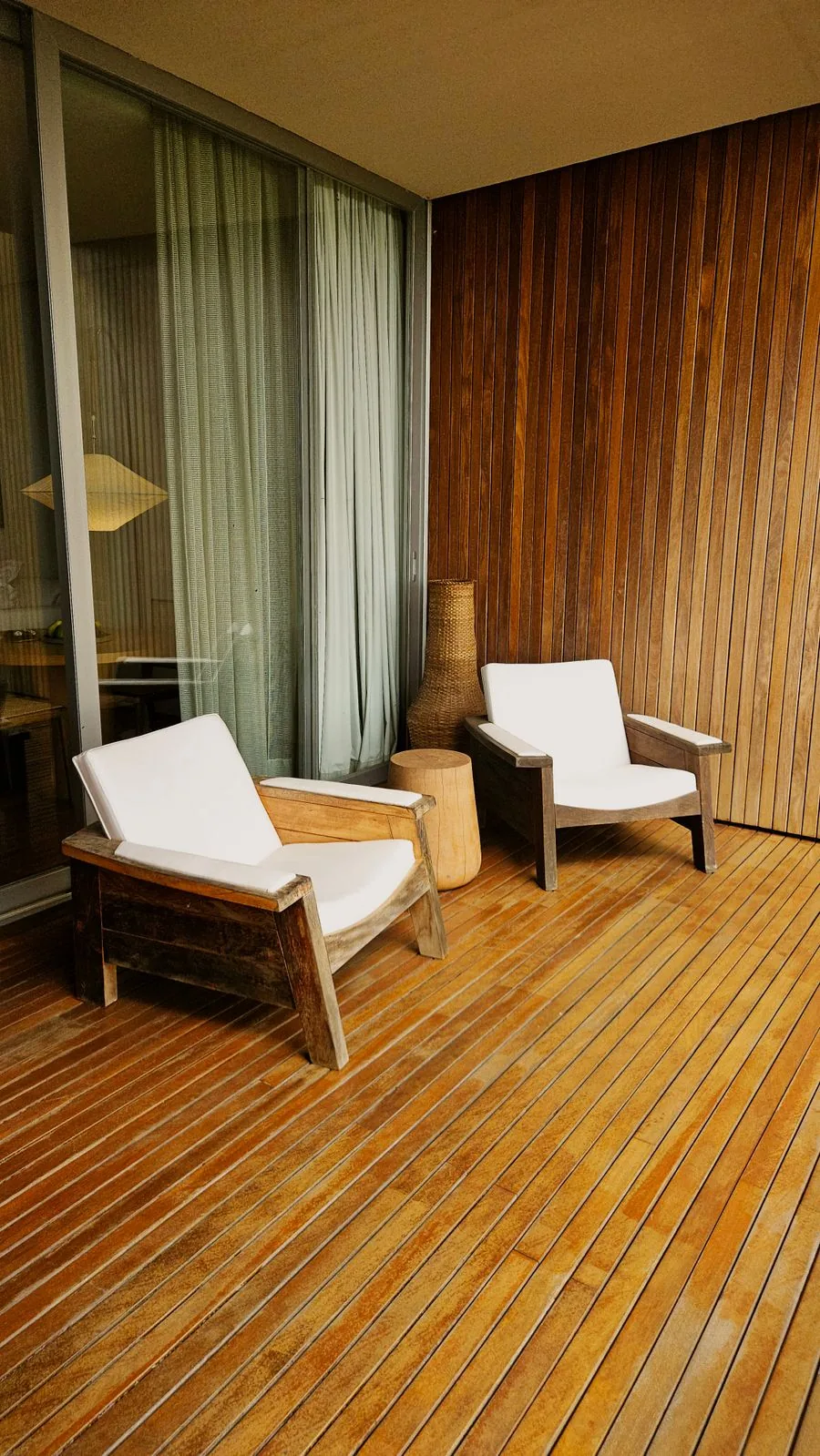 A freshly stained wooden deck in a rich, even color
