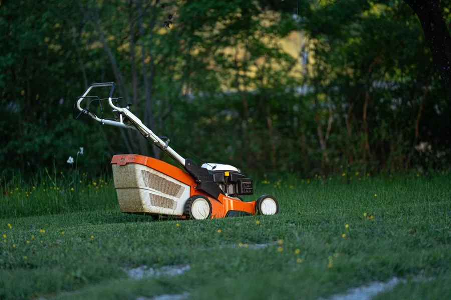A lawn mower on a freshly cut backyard lawn