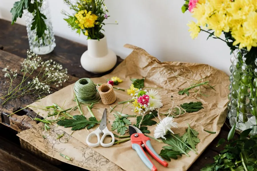 Fresh flowers on a local florist's workbench