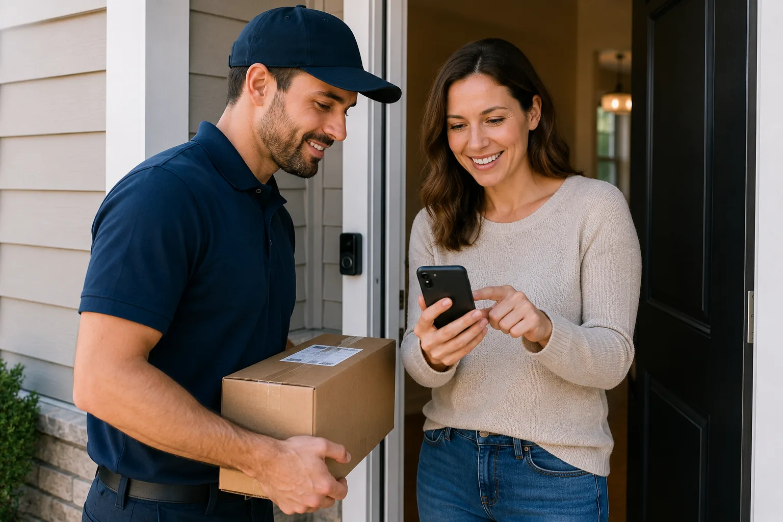 A Gopher hands a package to a neighbor at her front door while she checks the app